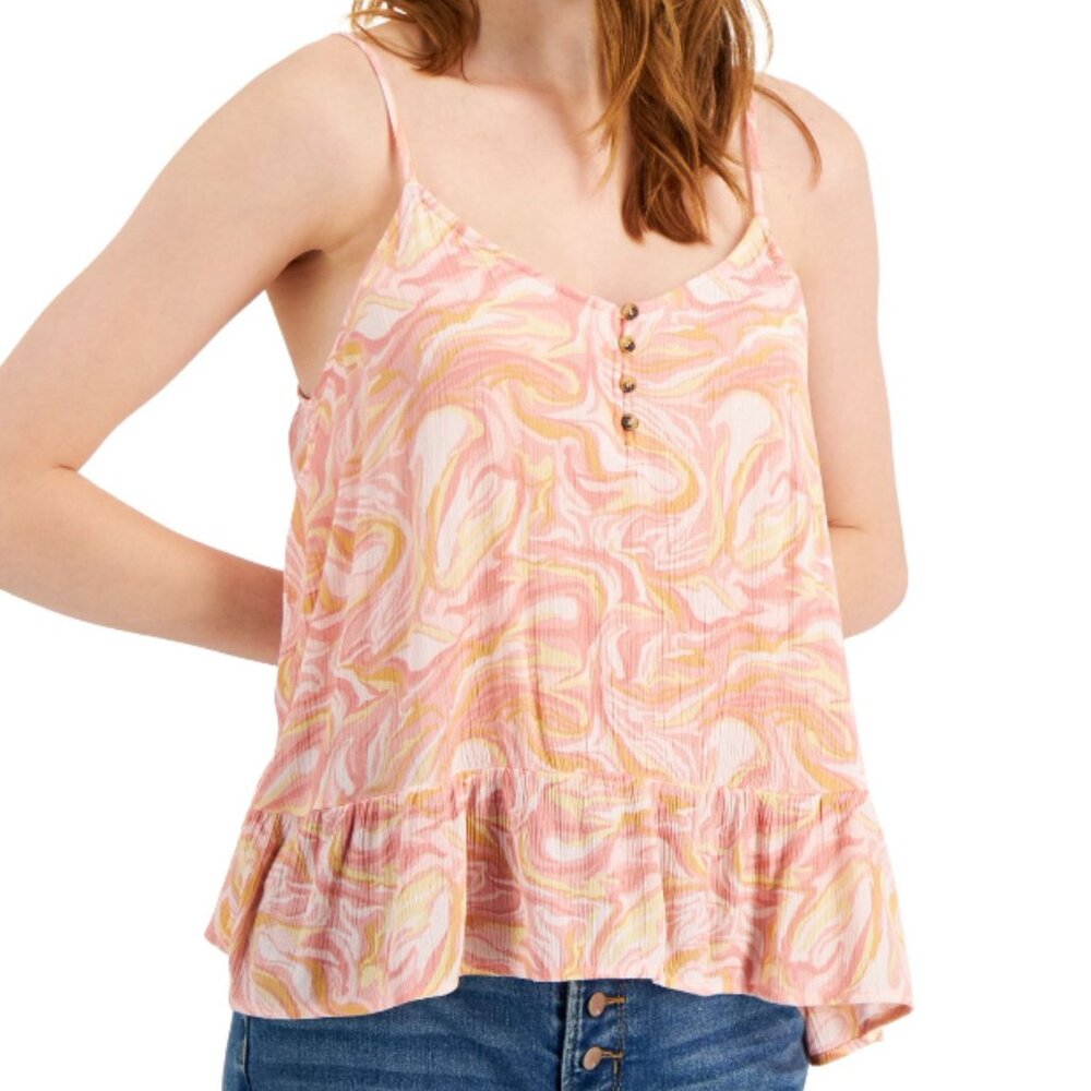 NEW! Hippie Rose Tank Coral Swirl Juniors Small‎ Ruffled Hem Scoop Neck Strappy